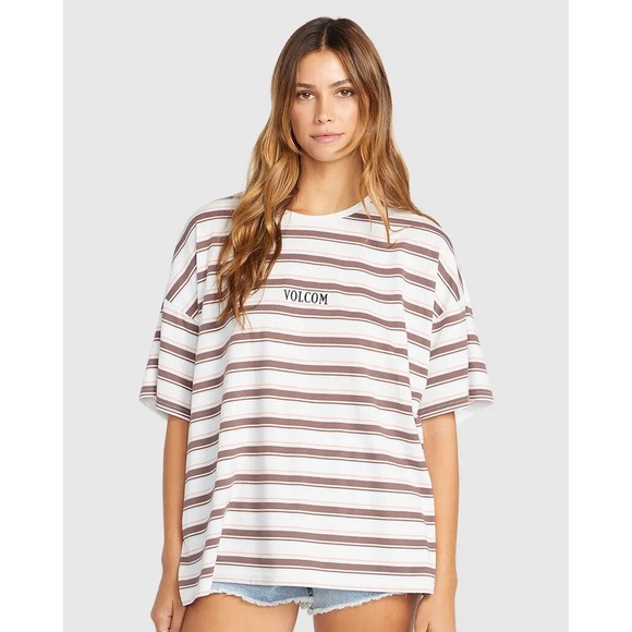 Volcom Short Sleeve T-Shirt Womens White Brown‎ Striped Casual Tee - One Size - Picture 1 of 7